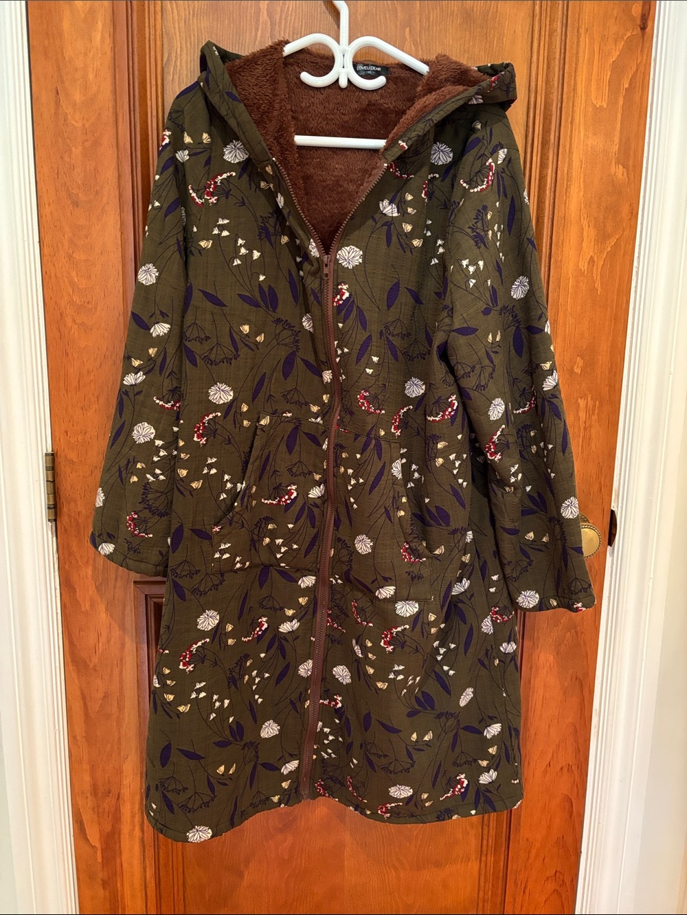 Women’s Olive Floral Hooded Coat with Sherpa Lining